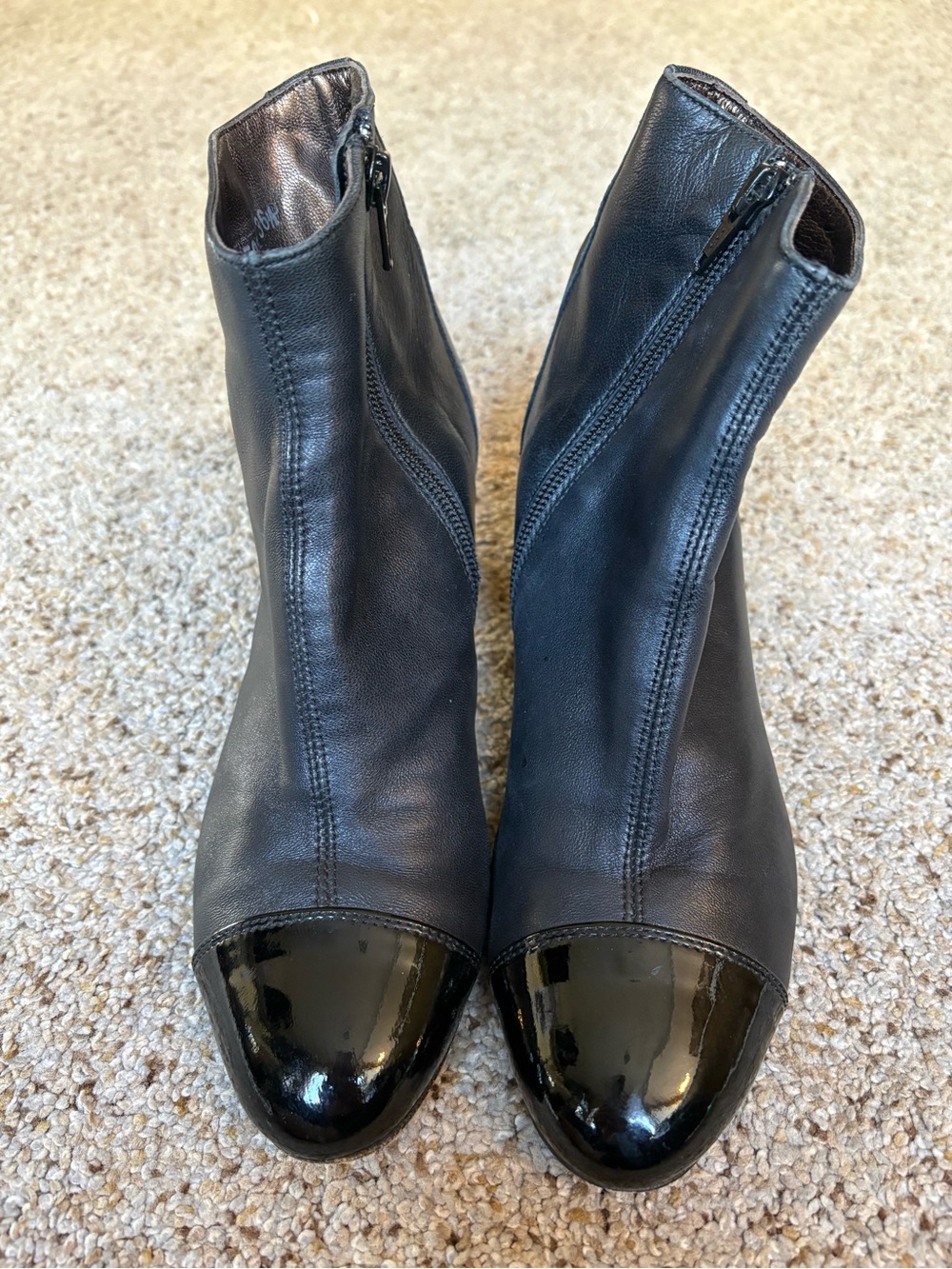 Agl Black Leather Ankle Boots with Patent Black Toe